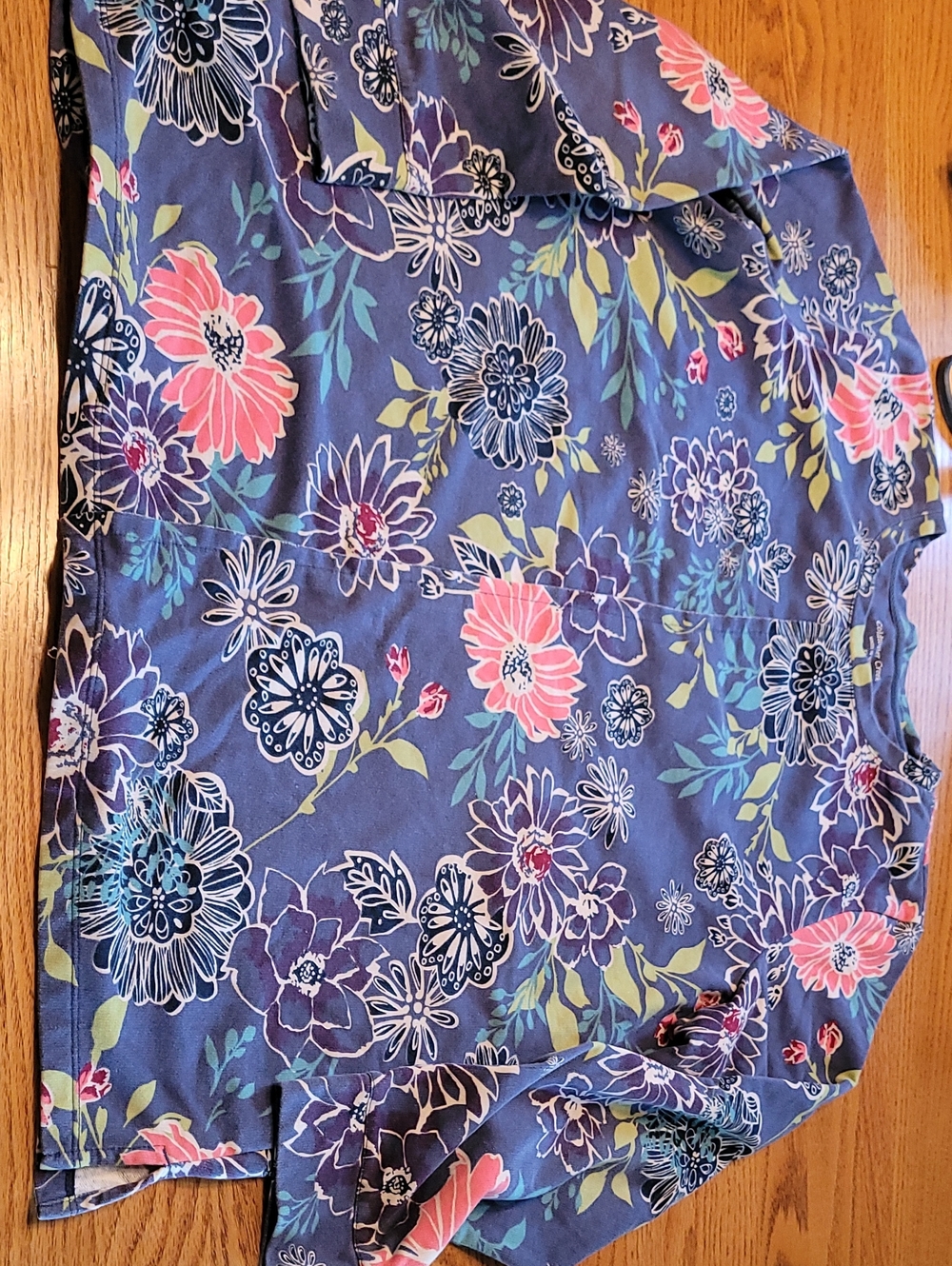 Blue Floral Top with Pink & Teal Flowers